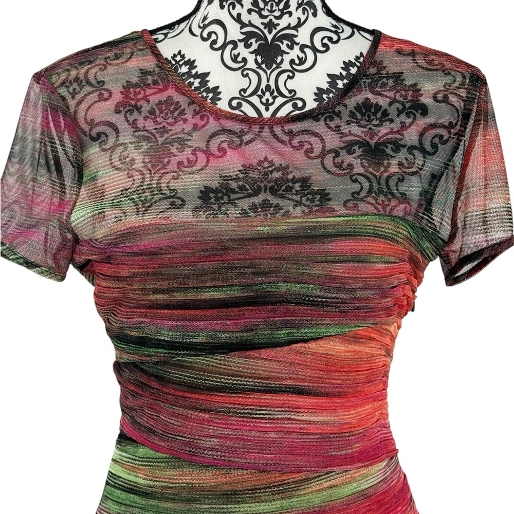 BCBG MaxAzria Donna Colorful Ruched Unique Mesh Bodycon Cap Sleeve Sheath Dress - Picture 9 of 16